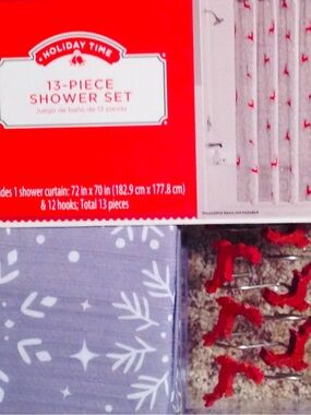 Christmas Shower Curtain And Hooks Set Snowflakes Reindeer Gray Red White 70x72